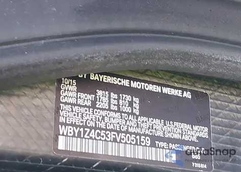 2015 BMW I3 Base W/Range Extender z USA, uszkodzony, nr VIN WBY1Z4C53FV505159